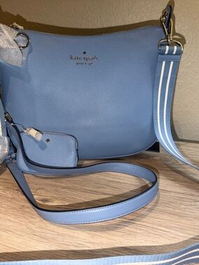 kate spade light blue pebbled leather crossbody with striped strap